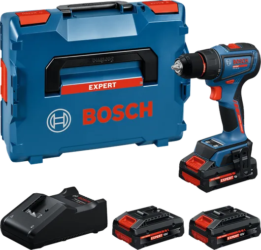Bosch akku-boremaskinesæt med tre 18V-batterier.
